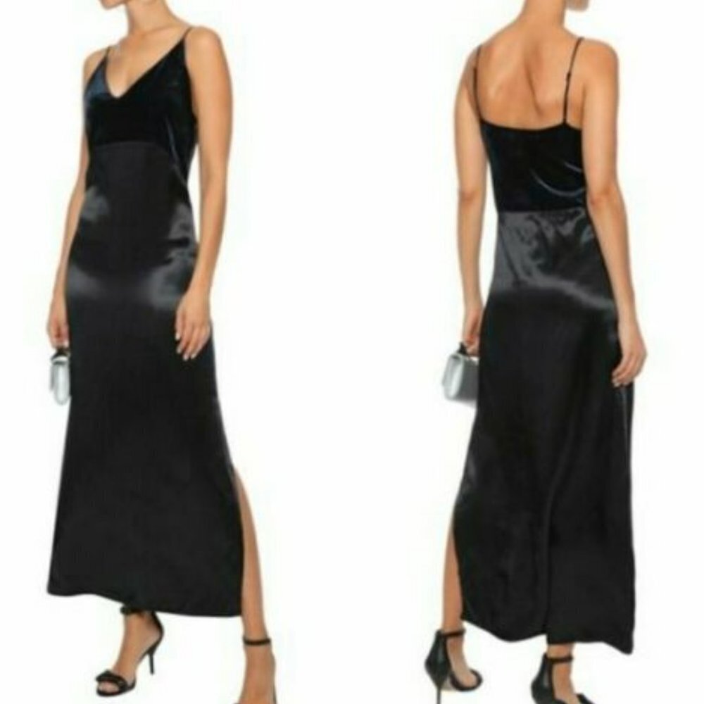 New $480 Maje Ryck Midi Slip Cocktail Dress Velvet Satin Black Navy Size 2 US M